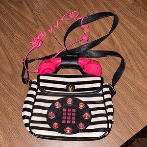 Betsey Johnson phone hand bag pink with black and white stripes